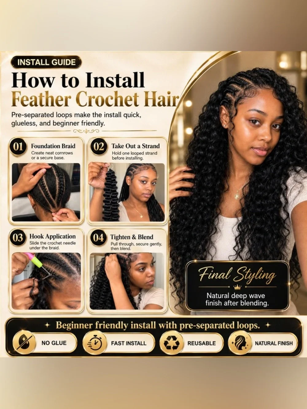 HUMAN HAIR Miracle Knots Feather Crochet Hair 1B